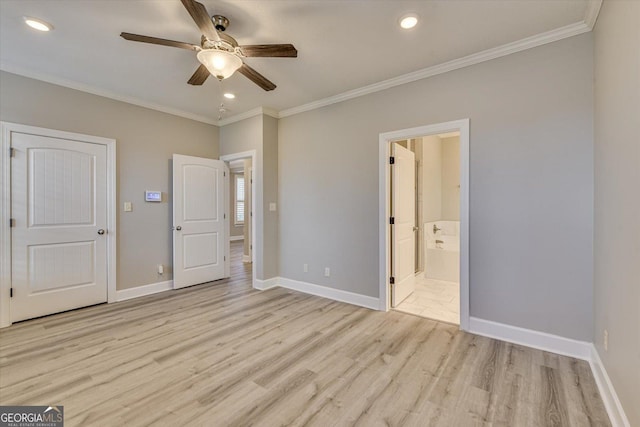 unfurnished bedroom with crown molding, ensuite bath, light hardwood / wood-style floors, and ceiling fan