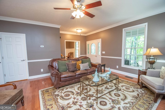 living room featuring hardwood / wood-style floors, ornamental molding, and ceiling fan