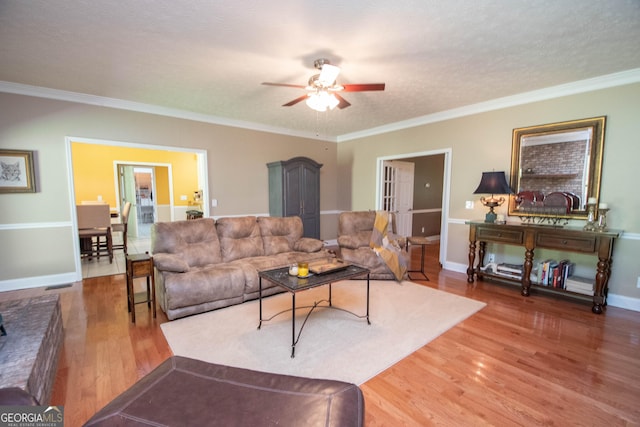 living room with wood-type flooring, ornamental molding, and a textured ceiling