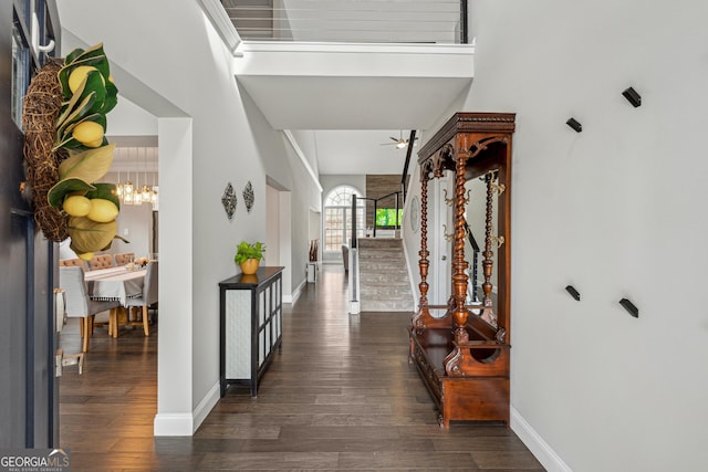 entryway featuring a towering ceiling, dark wood-type flooring, and a chandelier