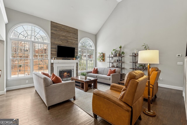 living room with vaulted ceiling, wood-type flooring, plenty of natural light, and a fireplace