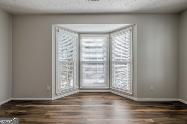 spare room featuring a healthy amount of sunlight, dark hardwood / wood-style flooring, and a textured ceiling