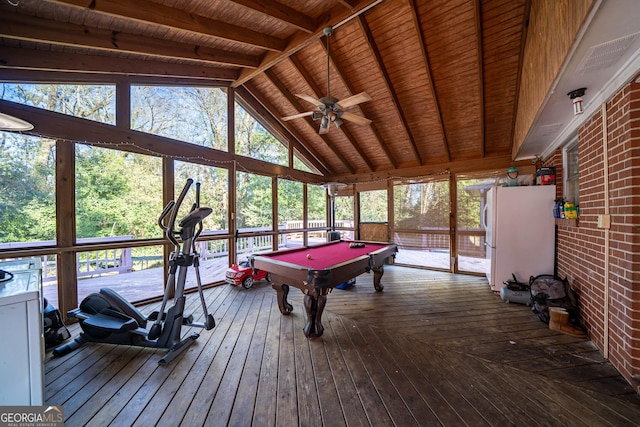 playroom with billiards, wood ceiling, high vaulted ceiling, beamed ceiling, and ceiling fan