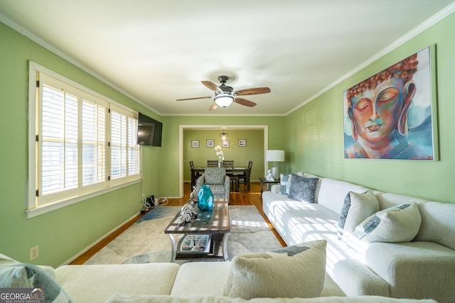 living room featuring ornamental molding, ceiling fan, and light hardwood / wood-style floors