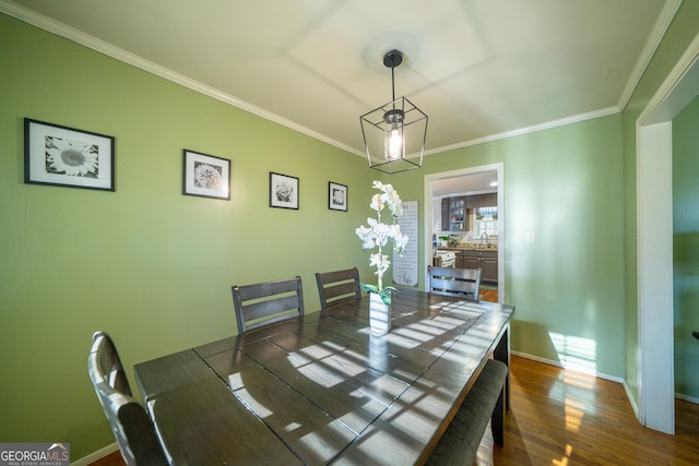 dining room featuring crown molding, sink, and dark hardwood / wood-style flooring