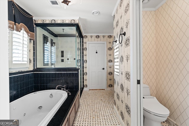 bathroom with wallpapered walls, visible vents, toilet, a tub with jets, and a shower stall