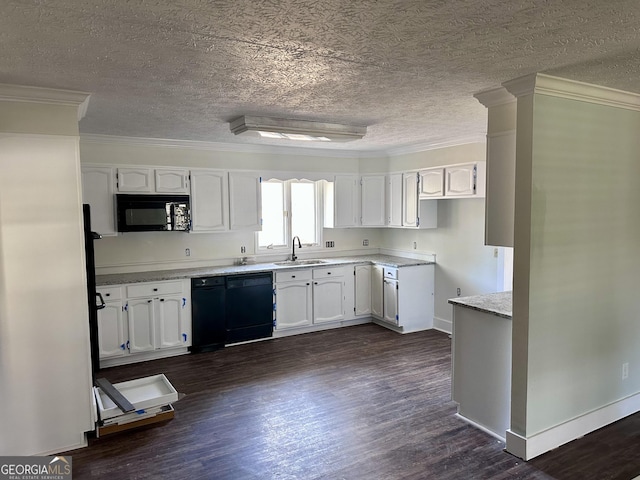 kitchen with black appliances, dark wood-style flooring, a sink, and white cabinets