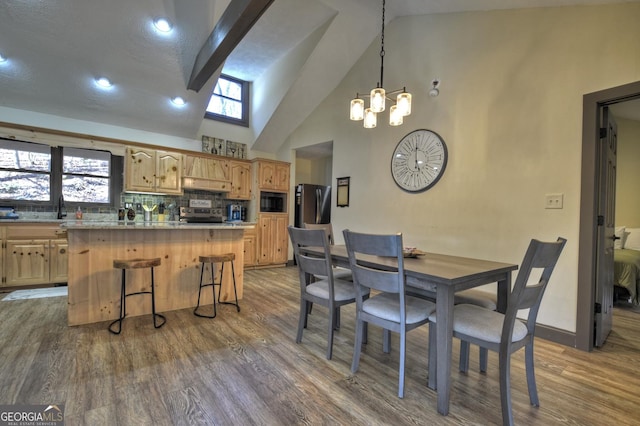 dining area featuring sink, dark hardwood / wood-style flooring, high vaulted ceiling, and a wealth of natural light