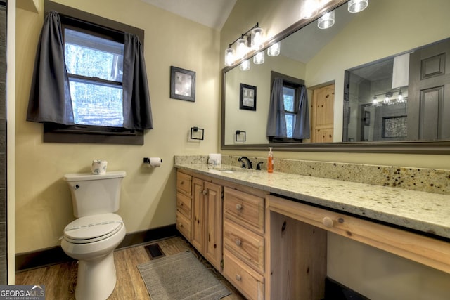 bathroom featuring vanity, toilet, vaulted ceiling, and hardwood / wood-style floors