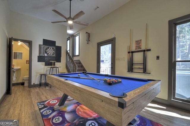 rec room with hardwood / wood-style flooring, a wealth of natural light, billiards, and ceiling fan