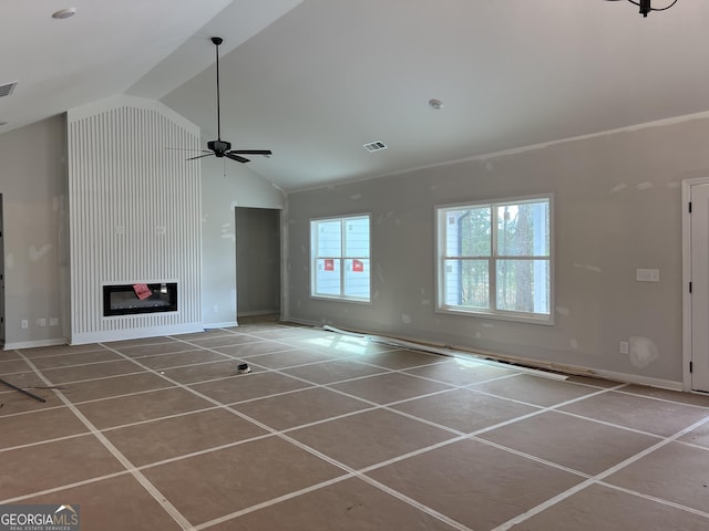 unfurnished living room featuring lofted ceiling, a fireplace, visible vents, and a ceiling fan