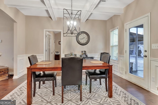 dining space with coffered ceiling, beam ceiling, hardwood / wood-style floors, and a notable chandelier