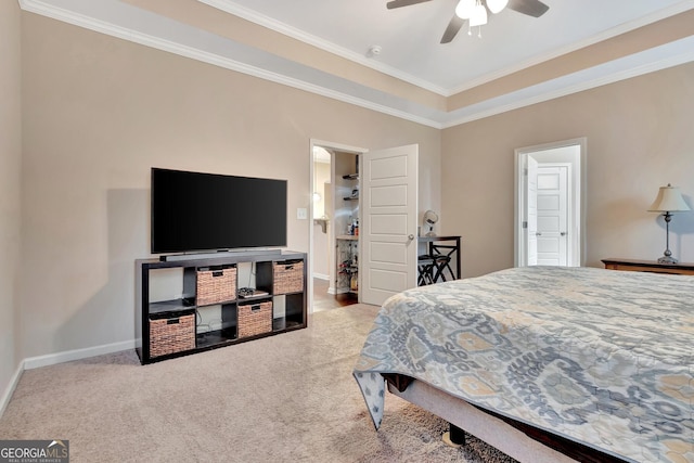 bedroom with crown molding, carpet, and ceiling fan