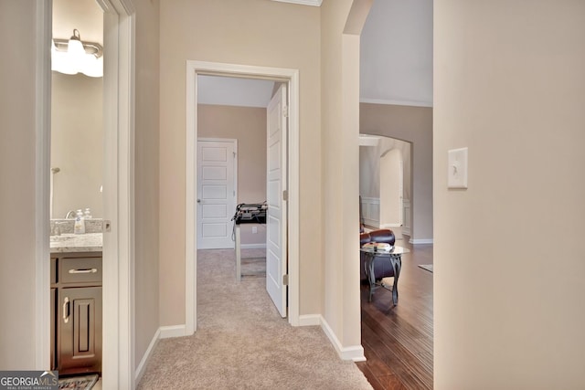 corridor featuring crown molding and light colored carpet