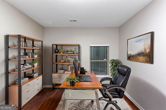 office area with dark hardwood / wood-style flooring