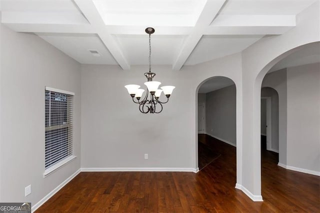 spare room with beam ceiling, coffered ceiling, and dark hardwood / wood-style flooring