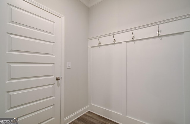 mudroom featuring ornamental molding and dark hardwood / wood-style floors