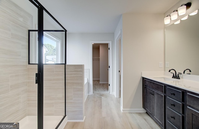 bathroom with hardwood / wood-style flooring, vanity, and a shower with shower door