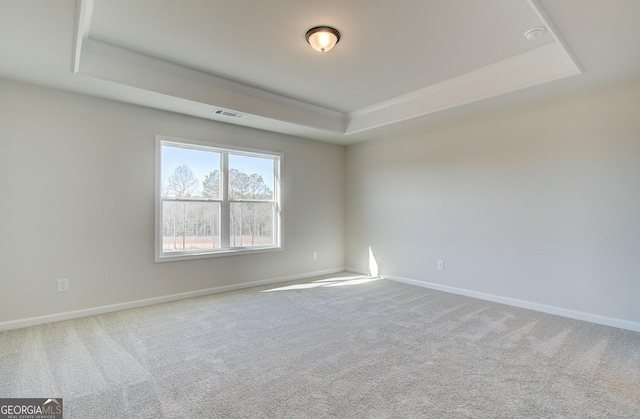 carpeted empty room featuring a raised ceiling