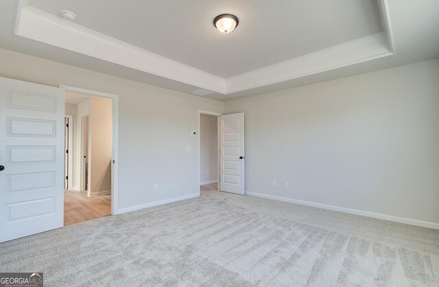 unfurnished room with a tray ceiling and light colored carpet