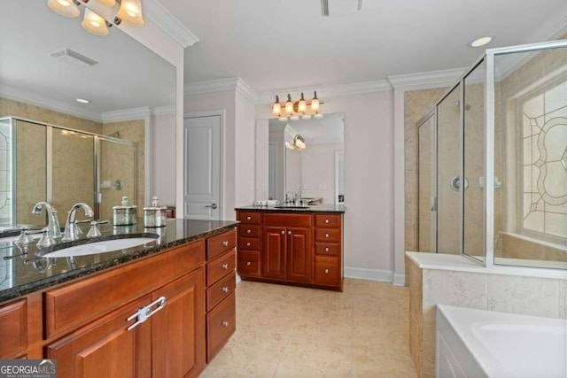 bathroom with ornamental molding, shower with separate bathtub, tile patterned flooring, and vanity