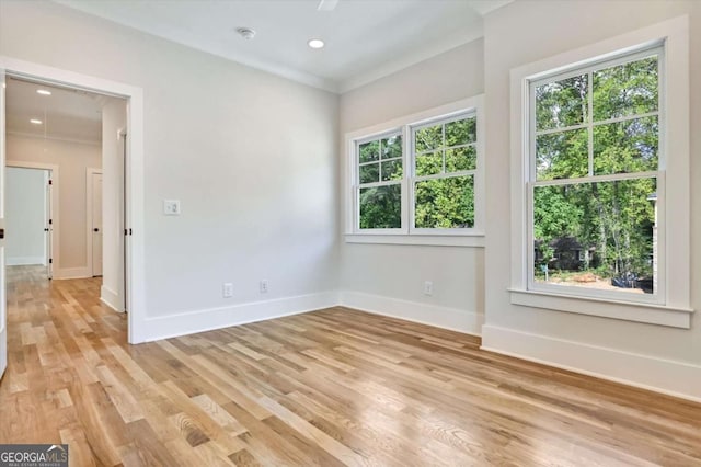 unfurnished room with crown molding, plenty of natural light, and light wood-type flooring