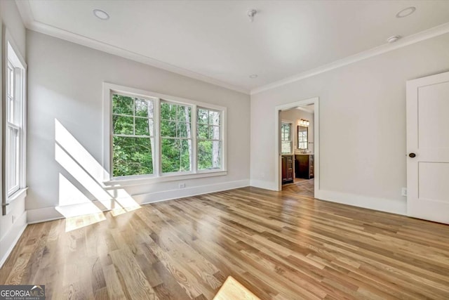 interior space with light hardwood / wood-style flooring and ornamental molding