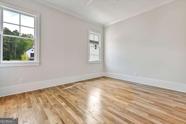 unfurnished room with crown molding and light hardwood / wood-style flooring