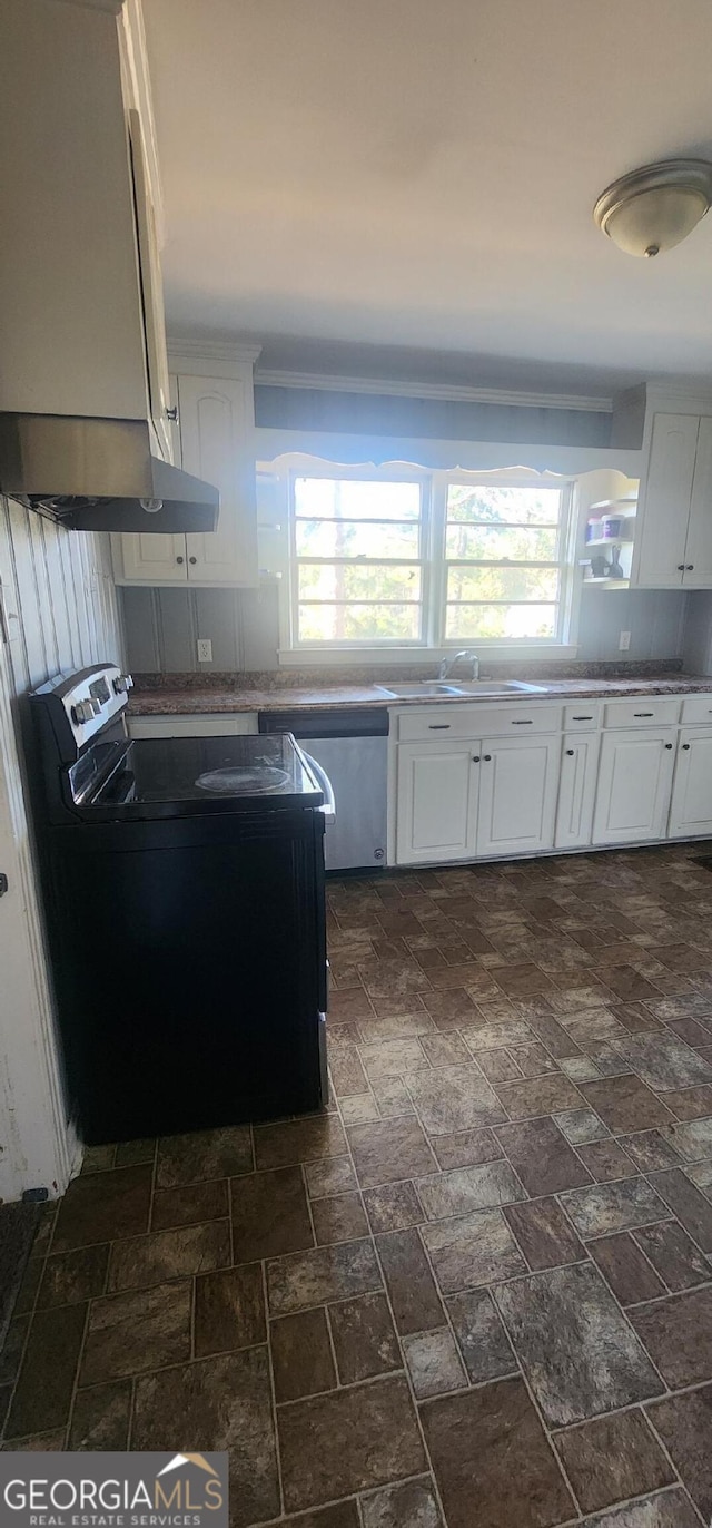 kitchen featuring white cabinetry, black range with electric cooktop, and sink