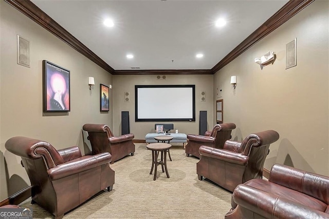 carpeted home theater with ornamental molding