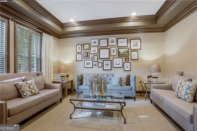 living room featuring ornamental molding and light carpet