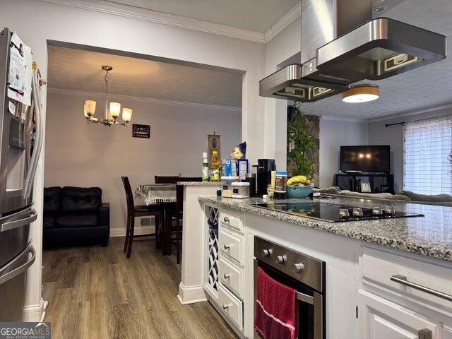 kitchen featuring island range hood, dark hardwood / wood-style floors, pendant lighting, stainless steel appliances, and white cabinets