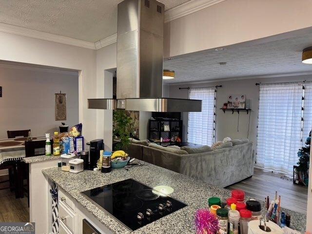 kitchen with crown molding, black electric stovetop, light stone countertops, a textured ceiling, and island exhaust hood