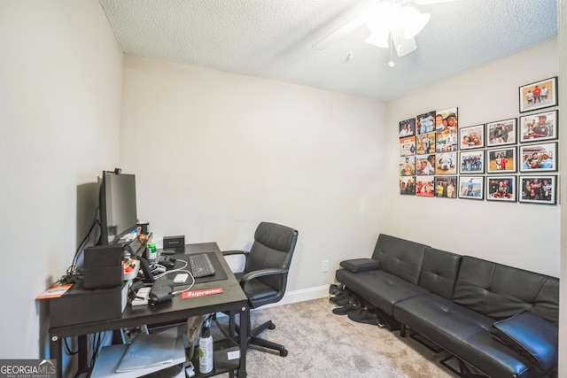 home office with light colored carpet and a textured ceiling