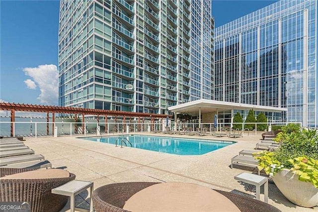 view of swimming pool featuring a patio area