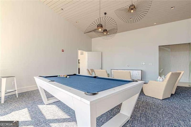 recreation room featuring dark carpet, wood ceiling, billiards, and lofted ceiling