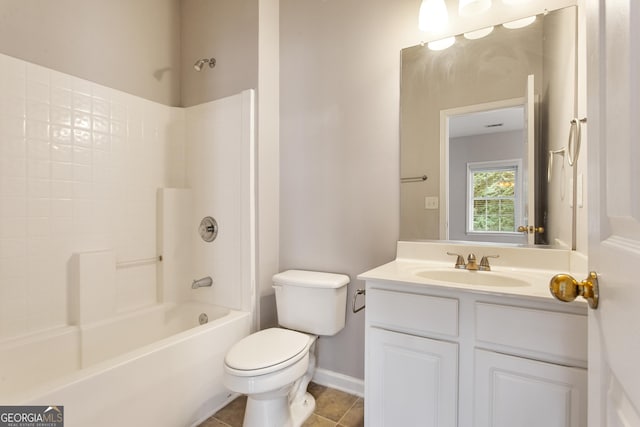 full bathroom featuring toilet, tile patterned floors, vanity, and bathtub / shower combination