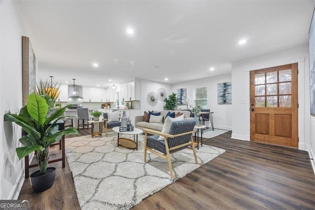 living room with dark wood-type flooring