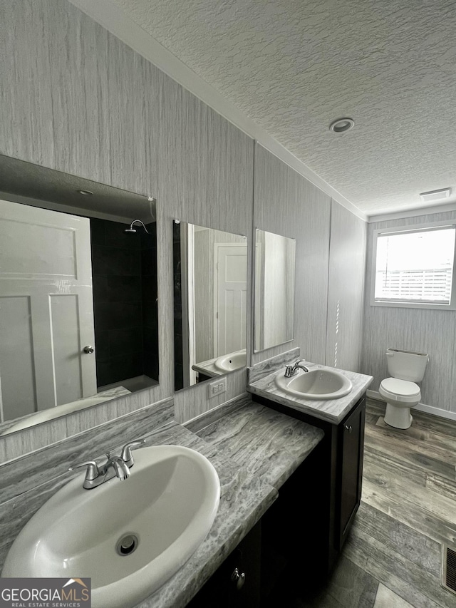 bathroom featuring wood-type flooring, vanity, a textured ceiling, and toilet