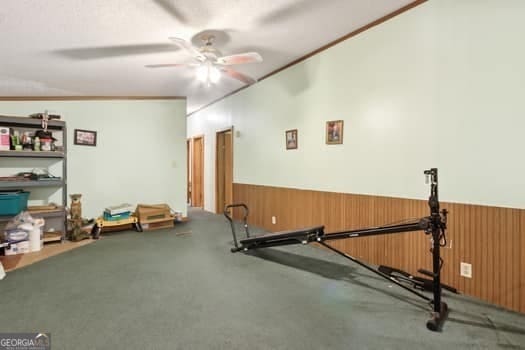 exercise area featuring ornamental molding, wooden walls, and ceiling fan