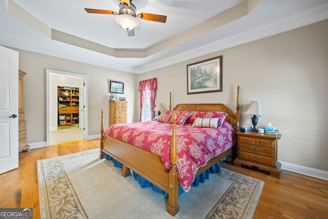 bedroom with a walk in closet, a tray ceiling, light hardwood / wood-style flooring, and ceiling fan