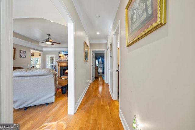 hallway with ornamental molding and light wood-type flooring