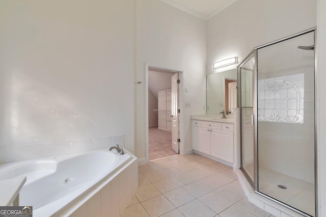 bathroom with independent shower and bath, vanity, tile patterned floors, and crown molding