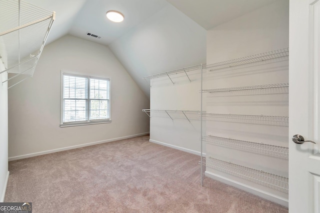 spacious closet with vaulted ceiling and carpet