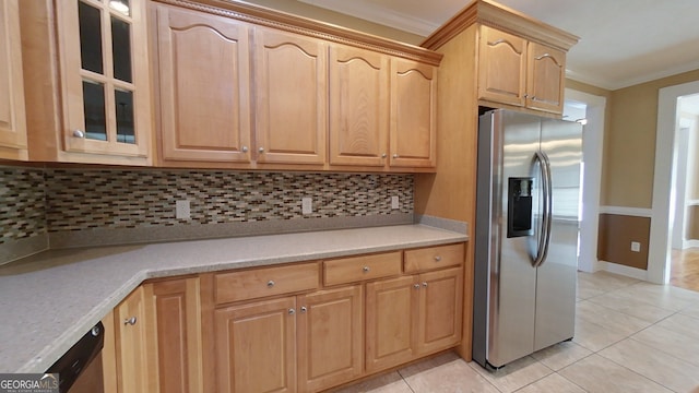 101 Willow Ridge Cir, Thomasville, GA 31757 - kitchen featuring stainless steel refrigerator with ice dispenser, crown molding, glass insert cabinets, light tile patterned flooring, and tasteful backsplash