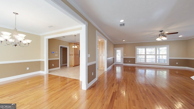 101 Willow Ridge Cir, Thomasville, GA 31757 - unfurnished living room featuring a chandelier, light wood finished floors, ornamental molding, a ceiling fan, and recessed lighting