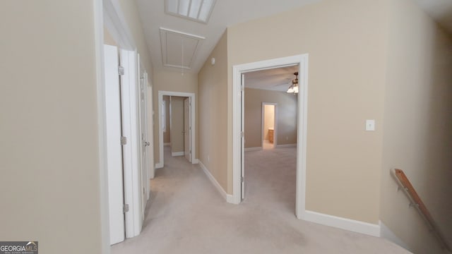 101 Willow Ridge Cir, Thomasville, GA 31757 - hallway featuring attic access, light carpet, an upstairs landing, and baseboards