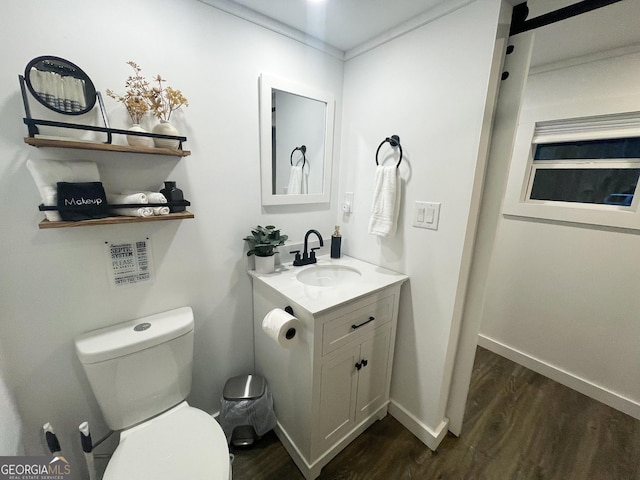 bathroom featuring vanity, hardwood / wood-style flooring, and toilet