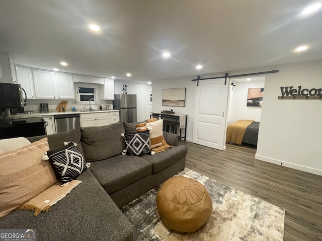 living room featuring sink, dark wood-type flooring, and a barn door