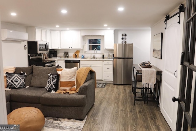 living room with dark hardwood / wood-style floors, a wall mounted air conditioner, a barn door, and sink